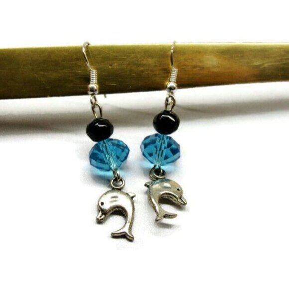 Dolphin Blue Black Bead Silver Tone Vertical Drop Dangle Hook Earrings Womans - Picture 3 of 3